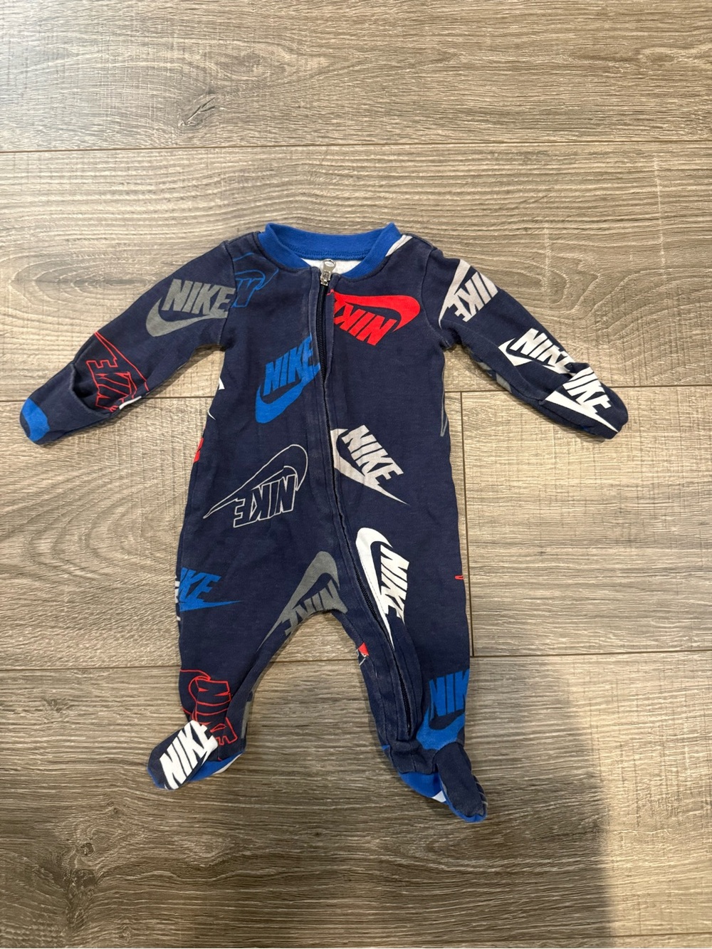 Nike Navy Baby Footed One-Piece with Red & Blue Logos